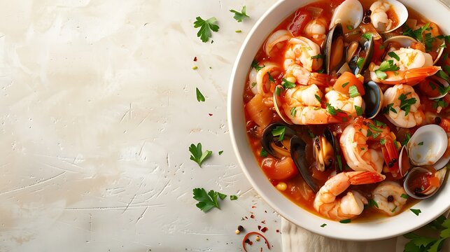 A bowl of zuppe di pesce (fish stew) with assorted seafood and herbs, set against a plain beige background with ample space around the dish.