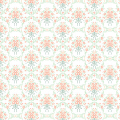 Pastel floral damask pattern with peach blossoms and mint accents. Perfect for spring décor, wallpaper, textiles, wrapping paper, and delicate feminine design.