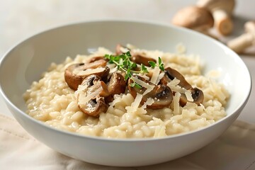 A dish of creamy risotto with mushrooms and Parmesan cheese, served in a white bowl with a clean beige background and ample copy space.