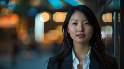 Obraz premium Portrait of a confident woman with city lights in the background