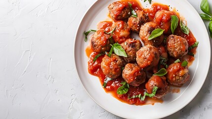A dish of Italian-style meatballs with marinara sauce, served on a white plate with a neutral light gray background and plenty of empty space.