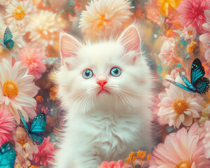 A playful kitten surrounded by colorful oversized flowers in a bright pop-art style.