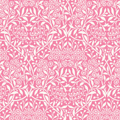 Pink and white seamless floral pattern with dense decorative motifs inspired by vintage wallpaper. Great for textiles, wrapping paper, feminine backgrounds, and décor.
