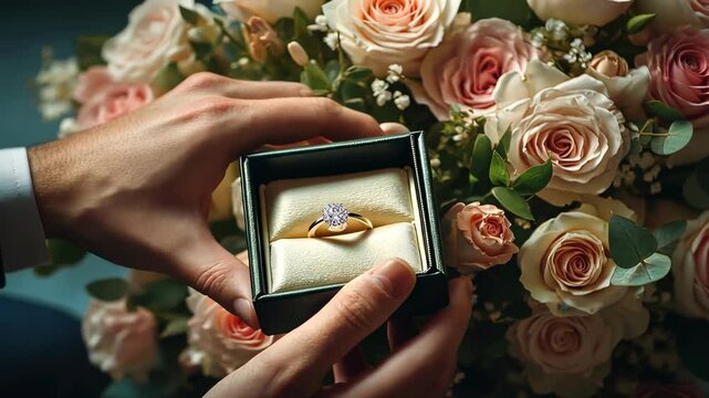 close-up of a man holding a box with a ring for a proposal or engagement.