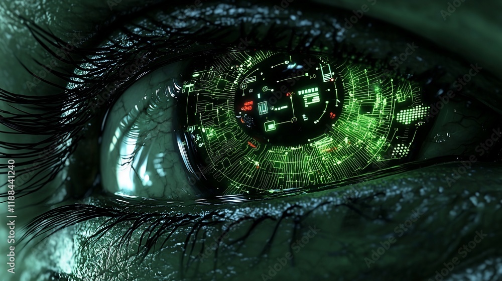 Poster close-up of a futuristic eye with a green digital interface.
