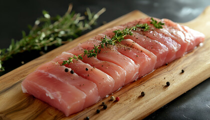 Grilled chicken breast, fillet, steak on wooden board, top view, copy space. Healthy keto, ketogenic meal, homemade bbq chicken meat ready to eat