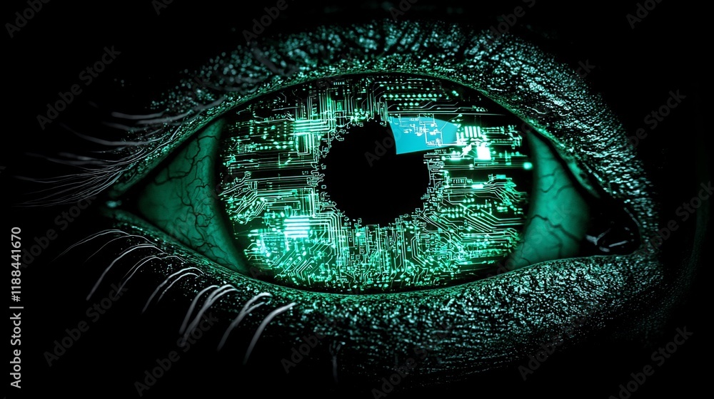 Poster Futuristic eye with digital code in iris.