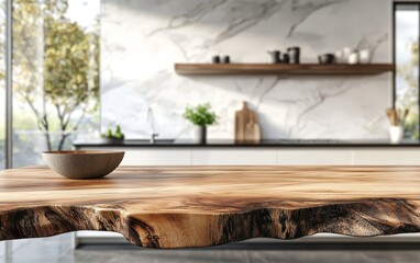Live edge wood table in modern kitchen.