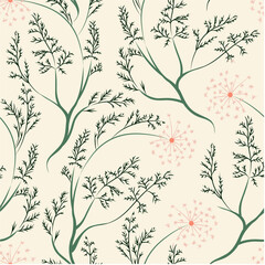 Seamless pattern with dandelions, leaves and herbs. Vector botanical illustration.