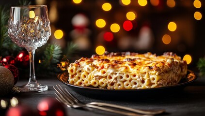 Fototapeta premium Delicious baked pasta dish served on a dark plate, garnished with cheese, during a festive Christmas dinner setting.