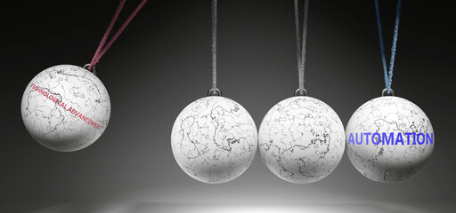 Technological Advancement and Automation - cause and effect relationship. A Newton cradle metaphor. ,3d illustration