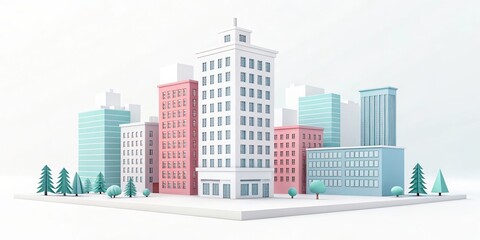 Obraz premium cute office building with city scape, 3d rendering illustration background