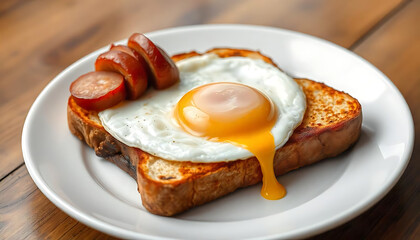 A slice of toast with a fried egg and sausage slices on top, healthy breakfast concept, English Breakfast, created with generative ai