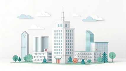 Fototapeta premium cute office building with city scape, 3d rendering illustration background