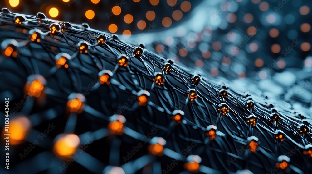 Poster abstract network: interconnected nodes and glowing lights