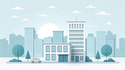 Fototapeta premium cute office building with city scape, 3d rendering illustration background