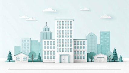 Obraz premium cute office building with city scape, 3d rendering illustration background