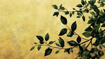 Dark Green Leaves on a Branch Against a Yellow Background