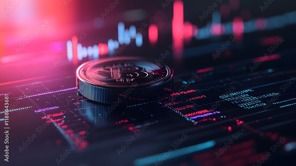 Poster a coin with the letter b on it is on a computer screen. the coin is surrounded by a colorful backgro