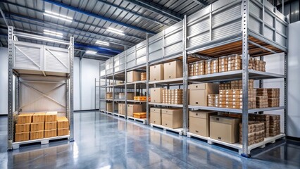 Large industrial refrigerator unit standing alone in a cold storage room filled with crates of perishable goods and shelving units, commercial refrigeration, crates