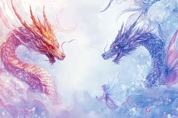 A vivid and friendly encounter between dragons and fairies, encapsulated within a harmonious lavender frame.