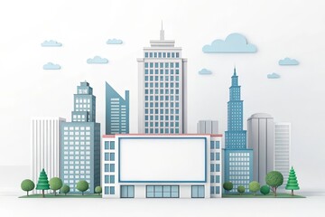 Obraz premium cute office building with city scape, 3d rendering illustration background