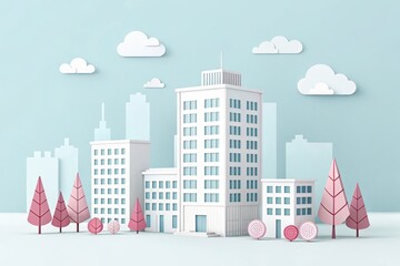 Obraz premium cute office building with city scape, 3d rendering illustration background