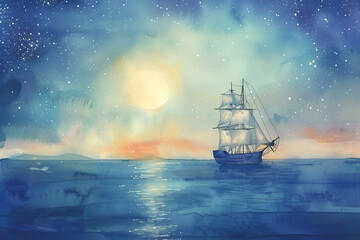 Fototapeta premium Pirate Ship Sailing on Sparkling Sea in Watercolor Style, Kids Book Illustration