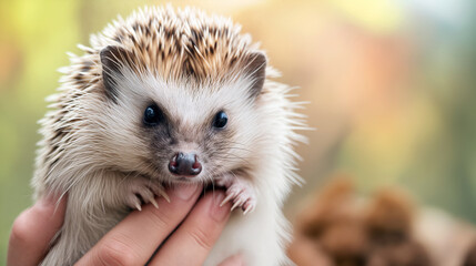 Fototapeta premium A hedgehog is being held in a person's hand outdoors, surrounded by a softly blurred background featuring natural elements in daylight - Generative AI