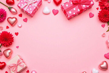 Valentine's Day themed items in colorful arrangement pinkish red bg