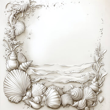 High-quality stationery design adorned with detailed shells and soft ocean waves.