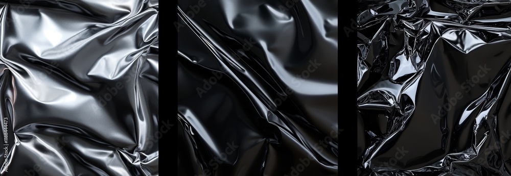Poster abstract triptych of crumpled shiny black and silver surfaces.