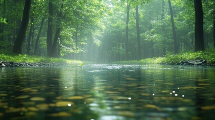 Misty forest stream, light rays, tranquil nature scene, peaceful setting.