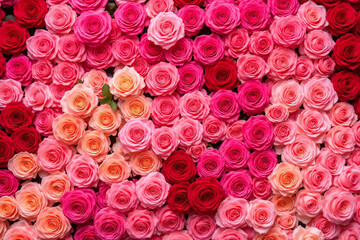 Various roses in pink red peach form lush vibrant arrangement