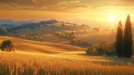 Obraz premium Golden sunrise over Tuscan hills, wheat fields, and cypress trees.