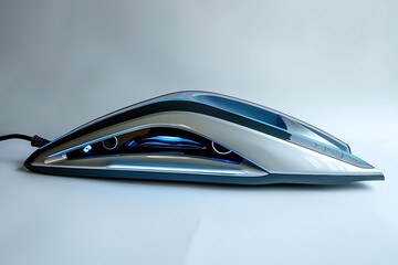A sleek, modern iron with blue accents, isolated on a white background, captured in high definition.