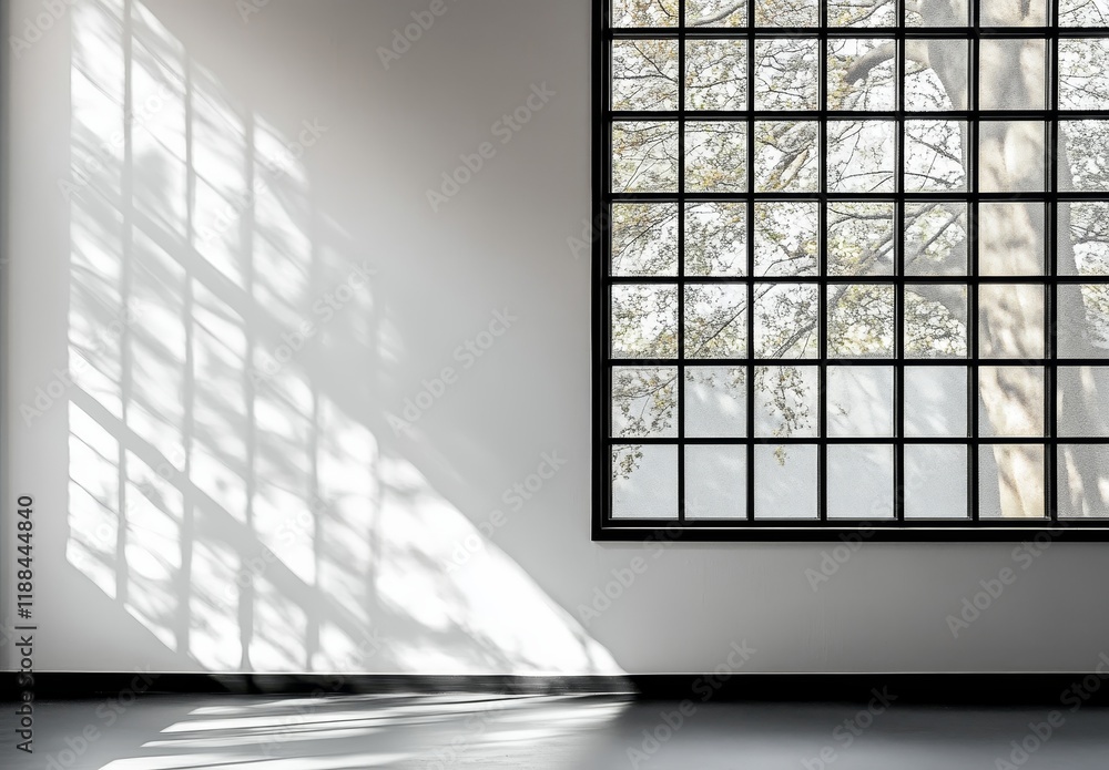 Poster sunlight streams through a large window with black gridded panes onto a minimalist white wall and da