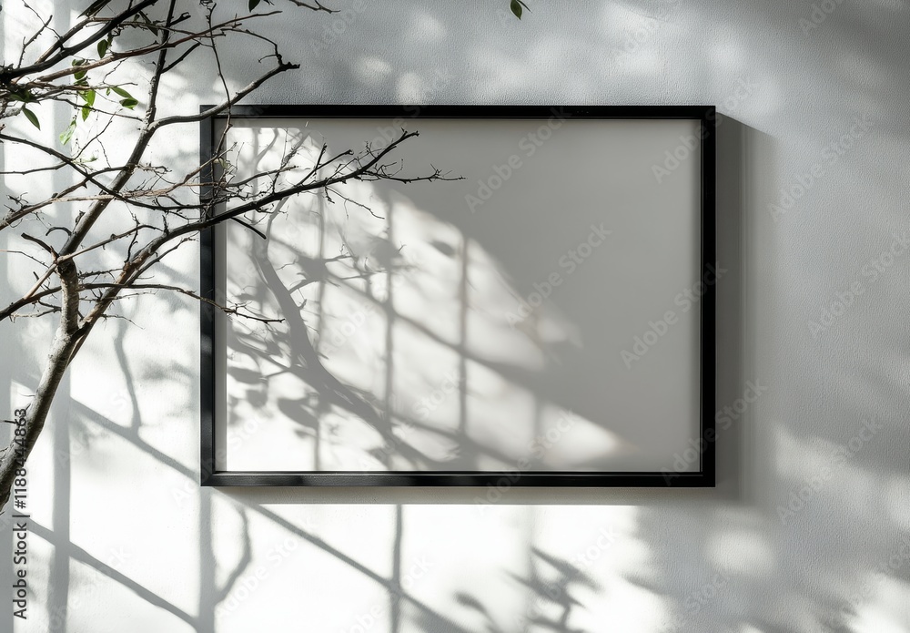 Canvas Prints blank frame mockup on wall with shadows and branches.