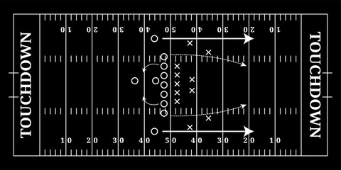 Black American football field with tactics, top view