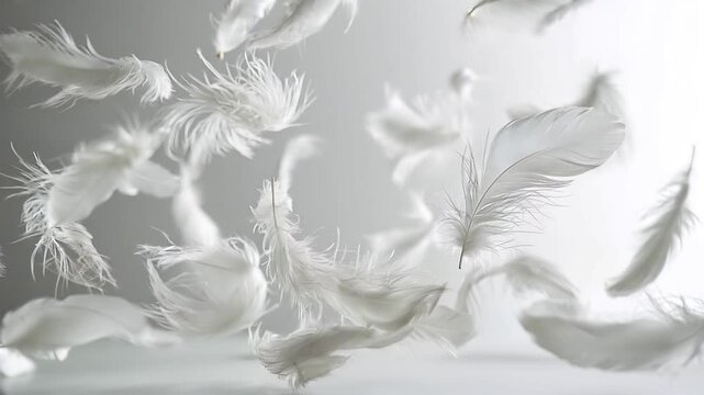 Floating White Feathers Minimalist Light Environment Close-up View Serenity Concept