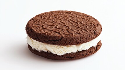 Chocolate cookie sandwich with vanilla ice cream filling isolated on white background.