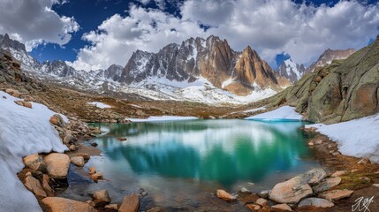 Naklejka premium Stunning Panoramic View of Majestic Mountain Landscape with Clear Turquoise Lake Surrounded by Dramatic Snow-Capped Peaks and Vibrant Clouds in the Sky