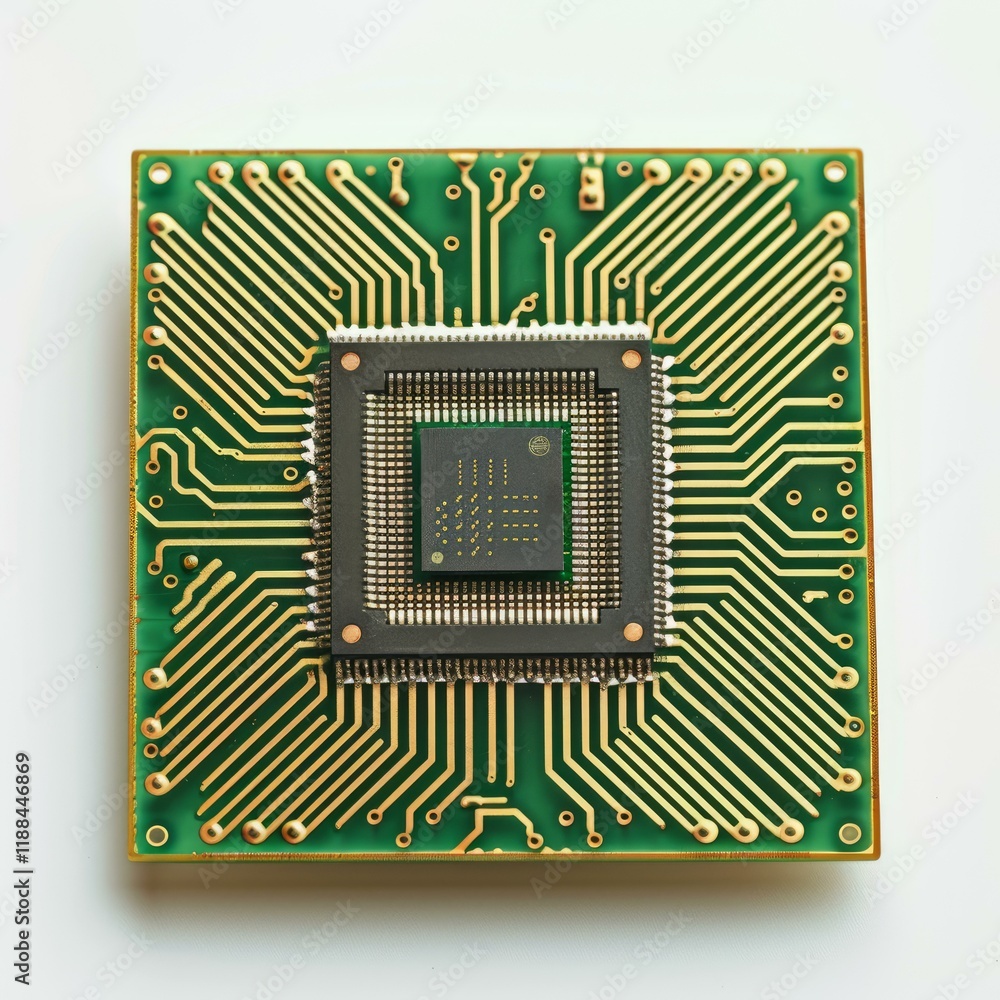Poster close up of a cpu chip on a green circuit board, representing computing power and digital technology
