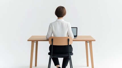 Woman sits in office chair at light wooden desk working on laptop. Businesswoman working in office setting. Focus on work, productivity. Modern tech, business theme. Pro female, modern style. Modern