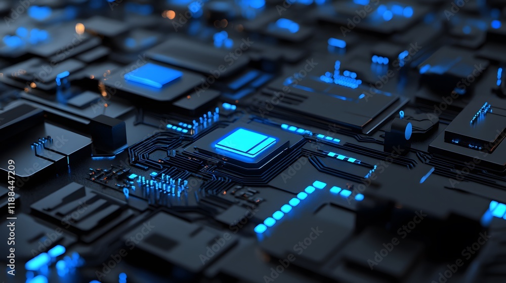 Poster a computer chip is shown in a blue and black color scheme. the chip is made up of many small squares