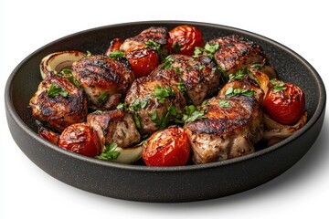Grilled Meat Skewers with Juicy Tomato and Onion Garnish Served in a Modern Black Serving Bowl for Culinary Enthusiasts and Food Photography