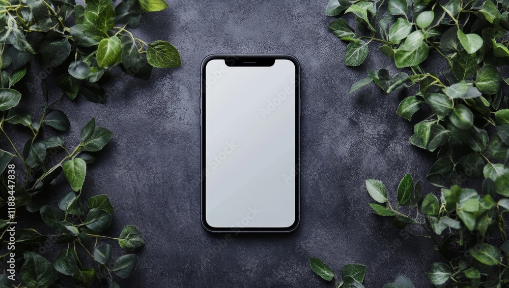 Poster smartphone mockup with blank screen surrounded by green leaves on dark background.