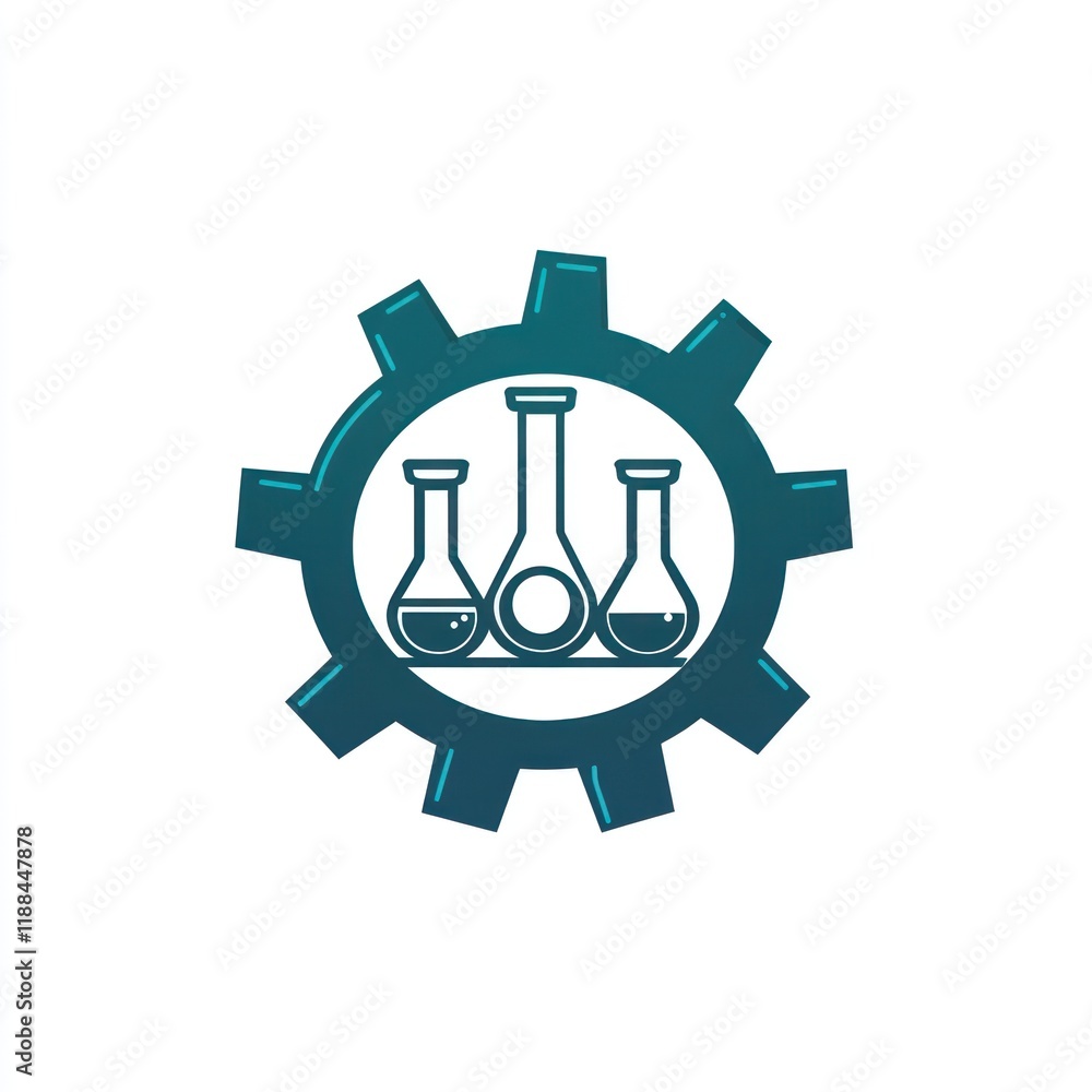 Poster three flasks inside a rotating gear mechanism