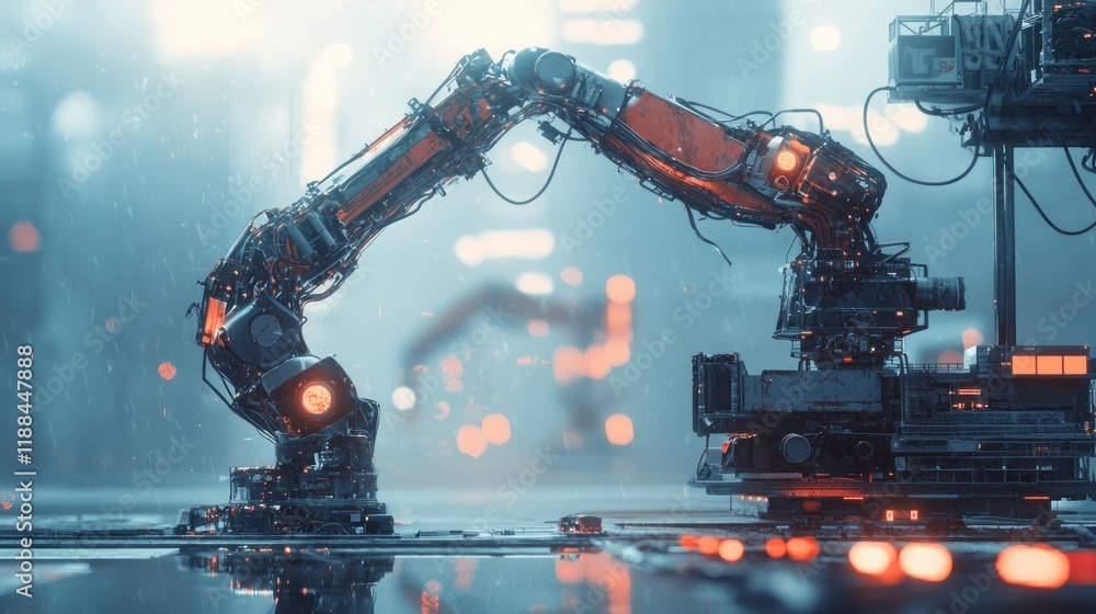 Poster cyberpunk robotic arm assembly line: futuristic industrial scene