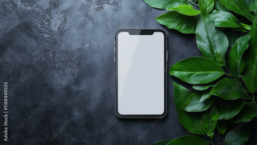 Poster smartphone mockup with blank screen on dark background, surrounded by green leaves.